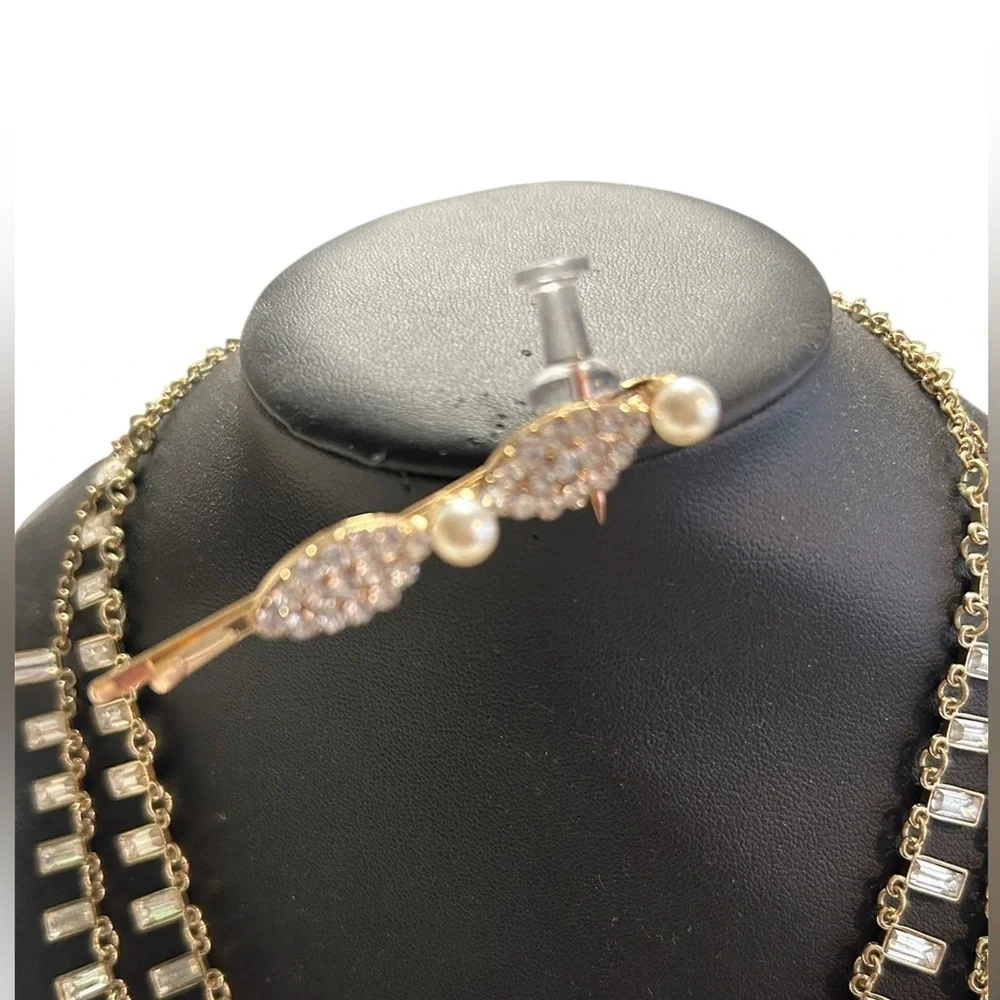 💎 Emerald Cut White Baguette Gold Necklace x 2 pcs, with matching hair pin, EUC